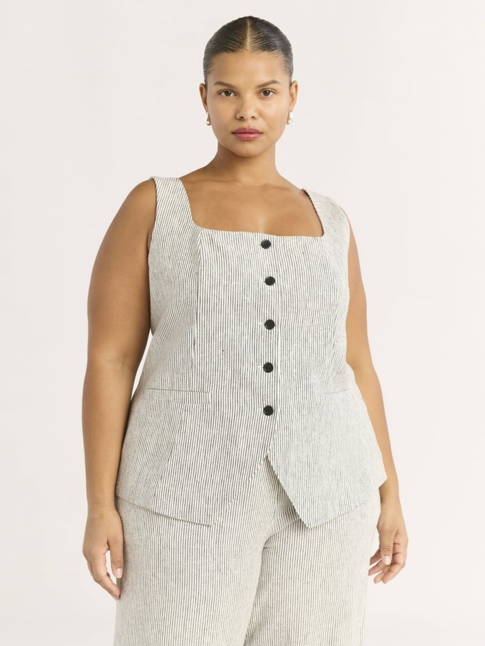 Striped Square-Neck Linen Blend Vest and Pants Set - White/Black Size 16/18